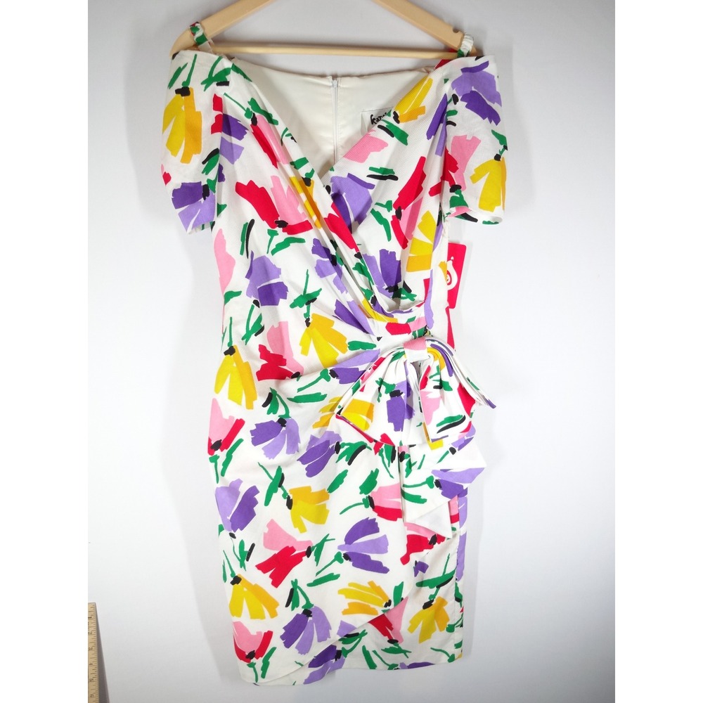 VTG NOS Kathy J Sheath Dress  S/M Multi Color Abstract Floral Bow 80s Retro Bold